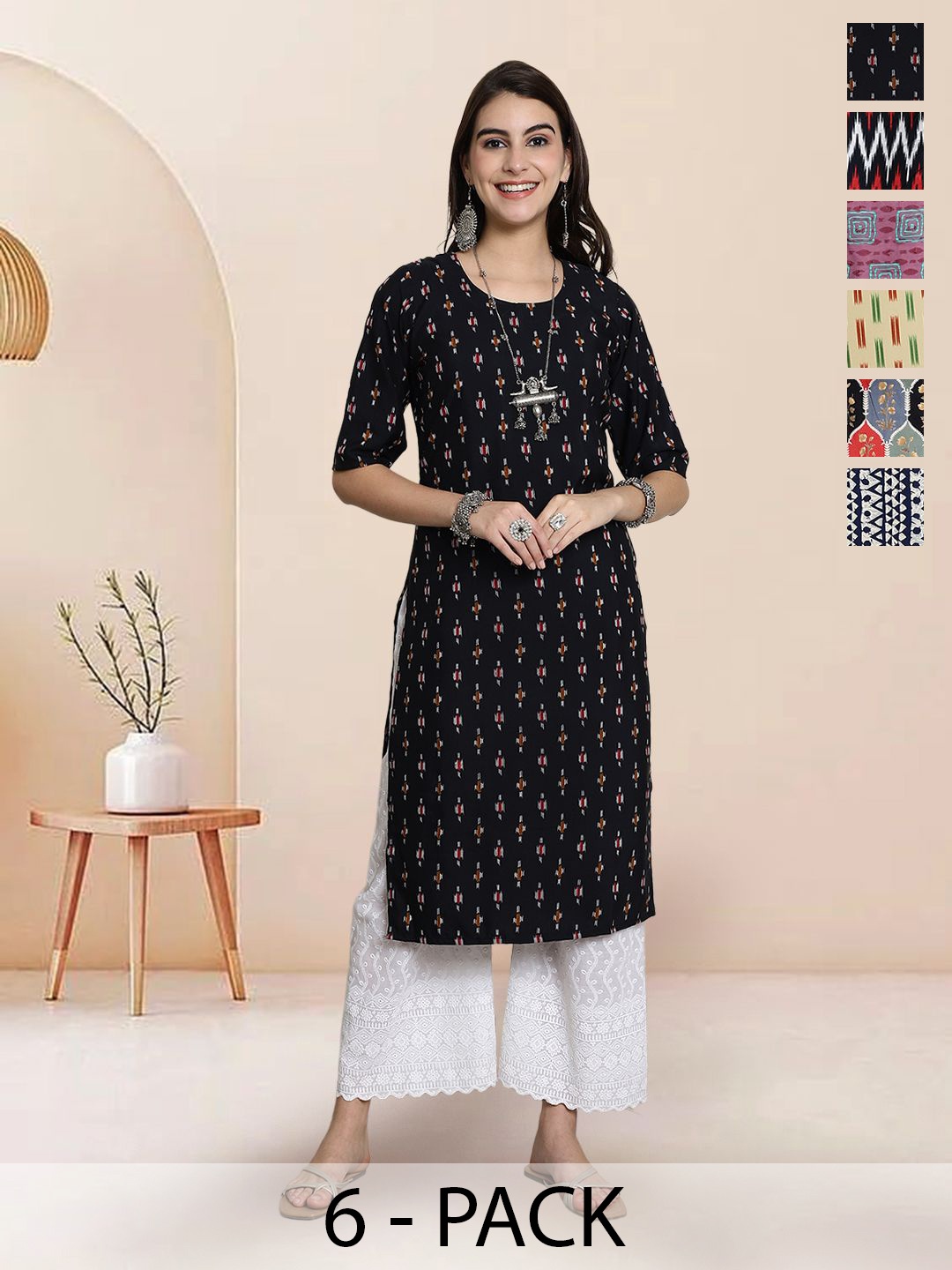 

7Threads Selection Of 6 Geometric Printed Round Neck Straight Kurta, Black