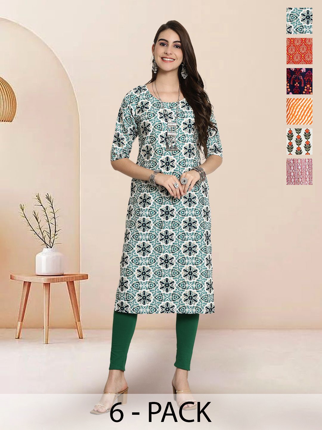 

7Threads Selection Of 6 Ethnic Motifs Printed Round Neck Straight Kurtas, Green