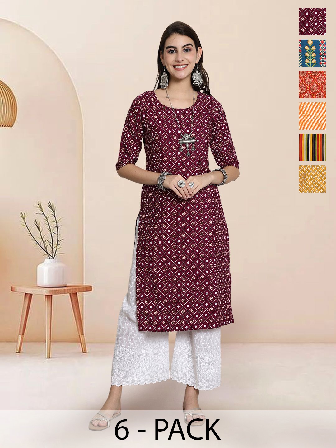 

7Threads Selection Of 6 Floral Printed Round Neck Straight Kurtas, Burgundy