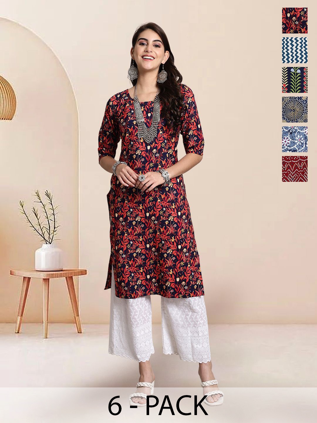 

7Threads Selection Of 6 Floral Printed Round Neck Straight Kurtas, Red