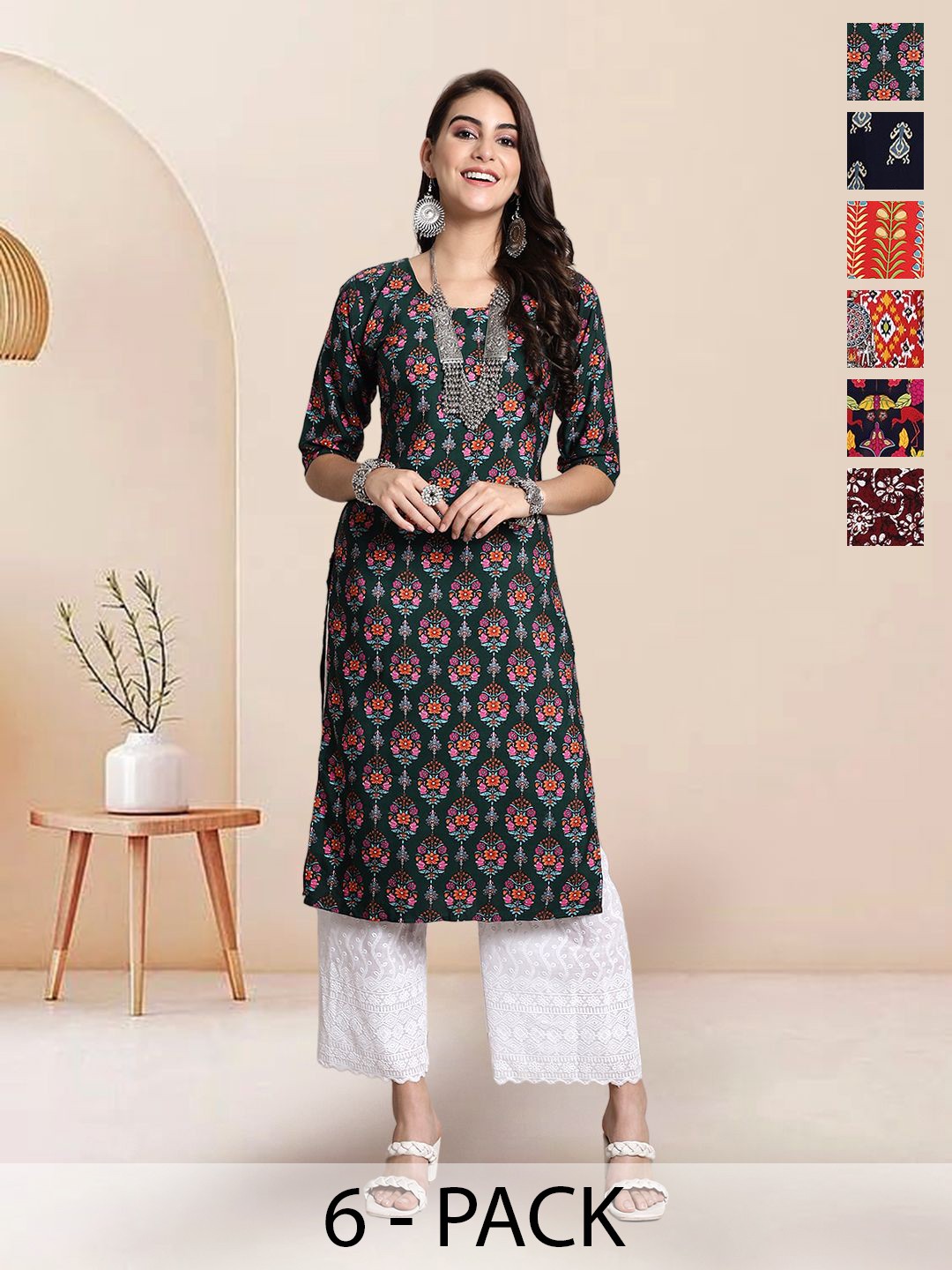 

7Threads Selection Of 6 Floral Printed Round Neck Straight Kurta, Green