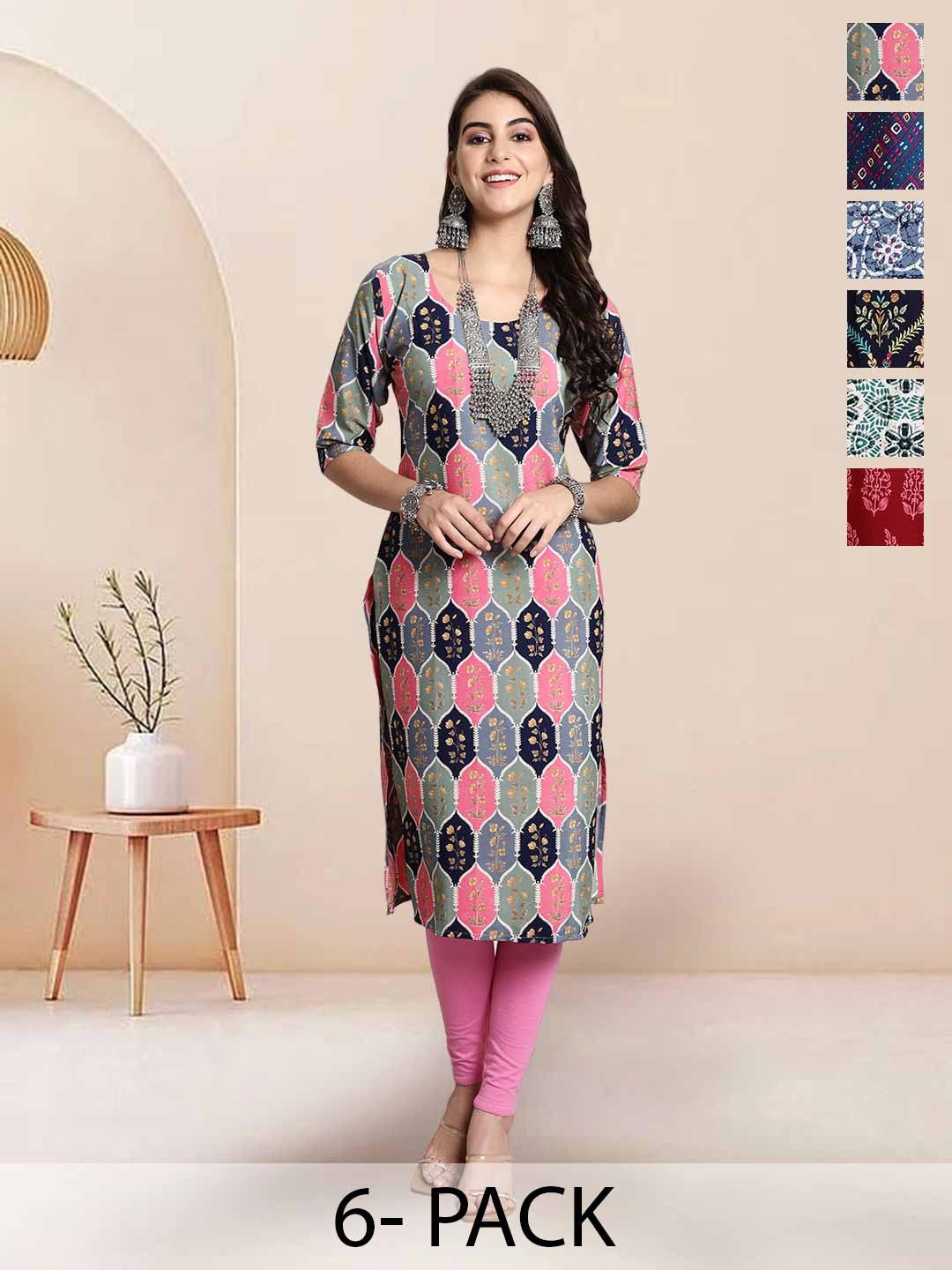 

7Threads Selection Of 6 Ethnic Motifs Printed Round Neck Straight Kurtas, Pink