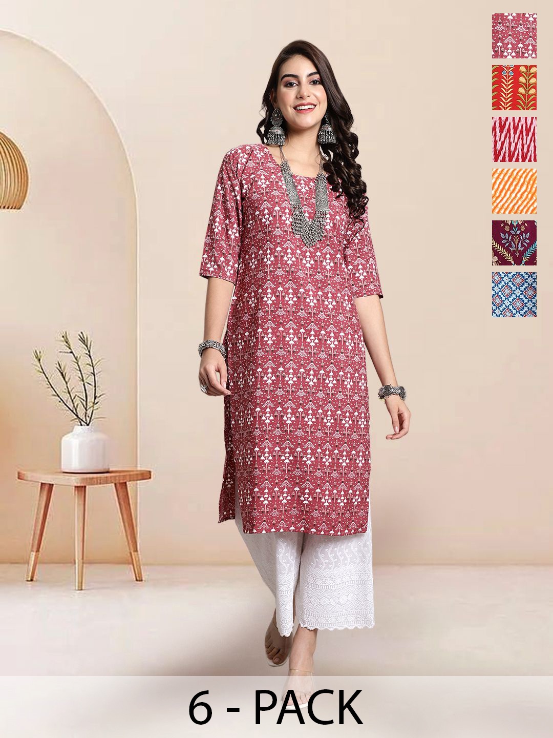 

7Threads Selection Of 6 Ethnic Motifs Printed Round Neck Straight Kurta, Red