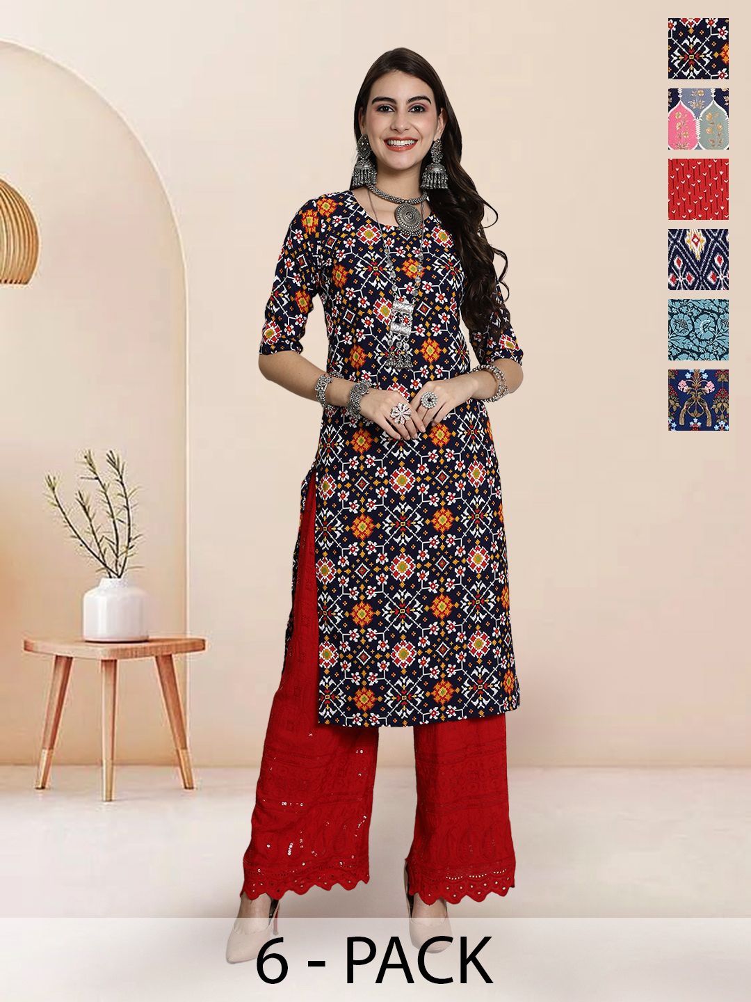 

7Threads Selection Of 6 Ethnic Motifs Printed Round Neck Straight Kurta, Black