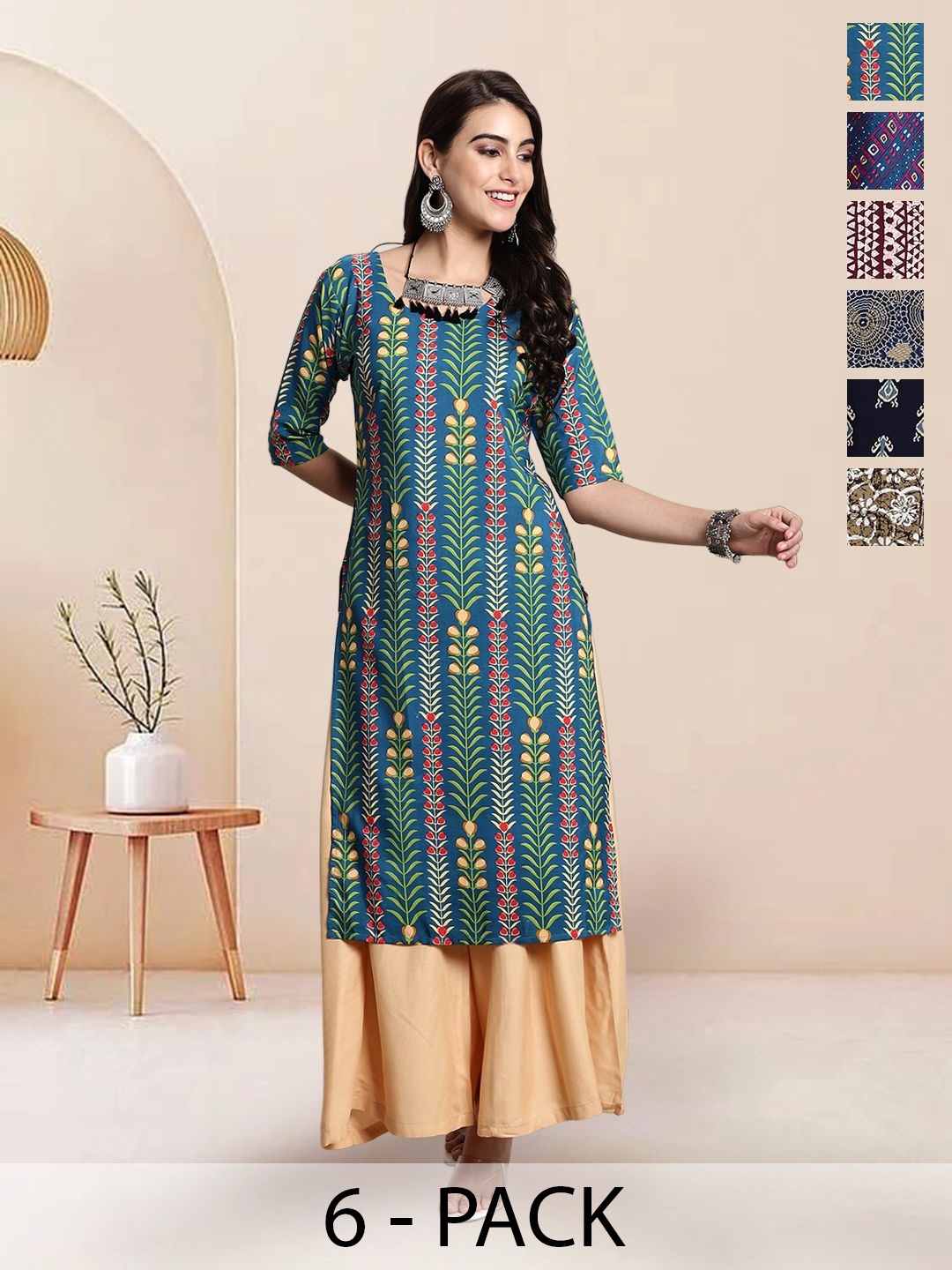 

7Threads Selection Of 6 Ethnic Motifs Printed Round Neck Straight Kurtas, Blue