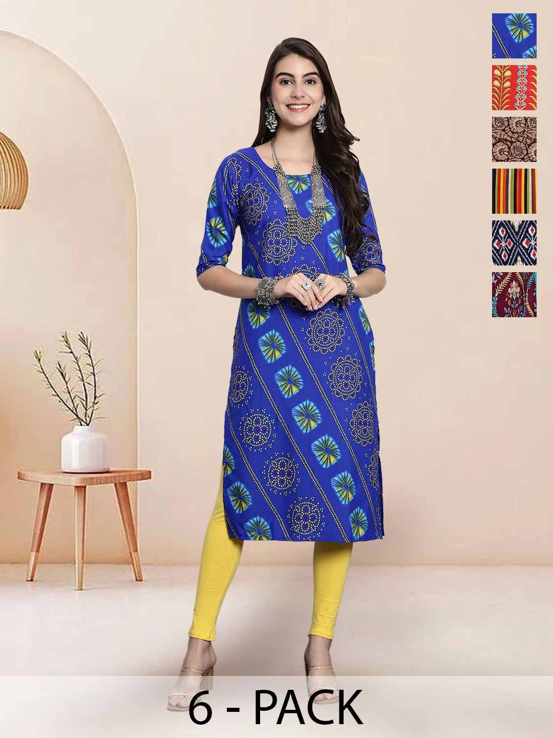 

7Threads Selection Of 6 Bandhani Printed Round Neck Straight Kurta, Blue