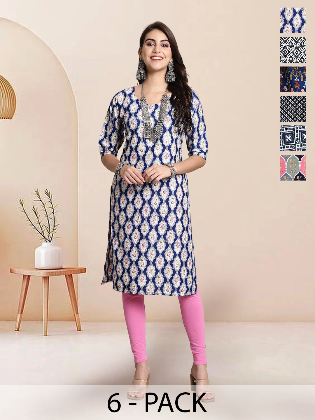 

7Threads Selection Of 6 Floral Printed Round Neck Straight Kurta, Navy blue