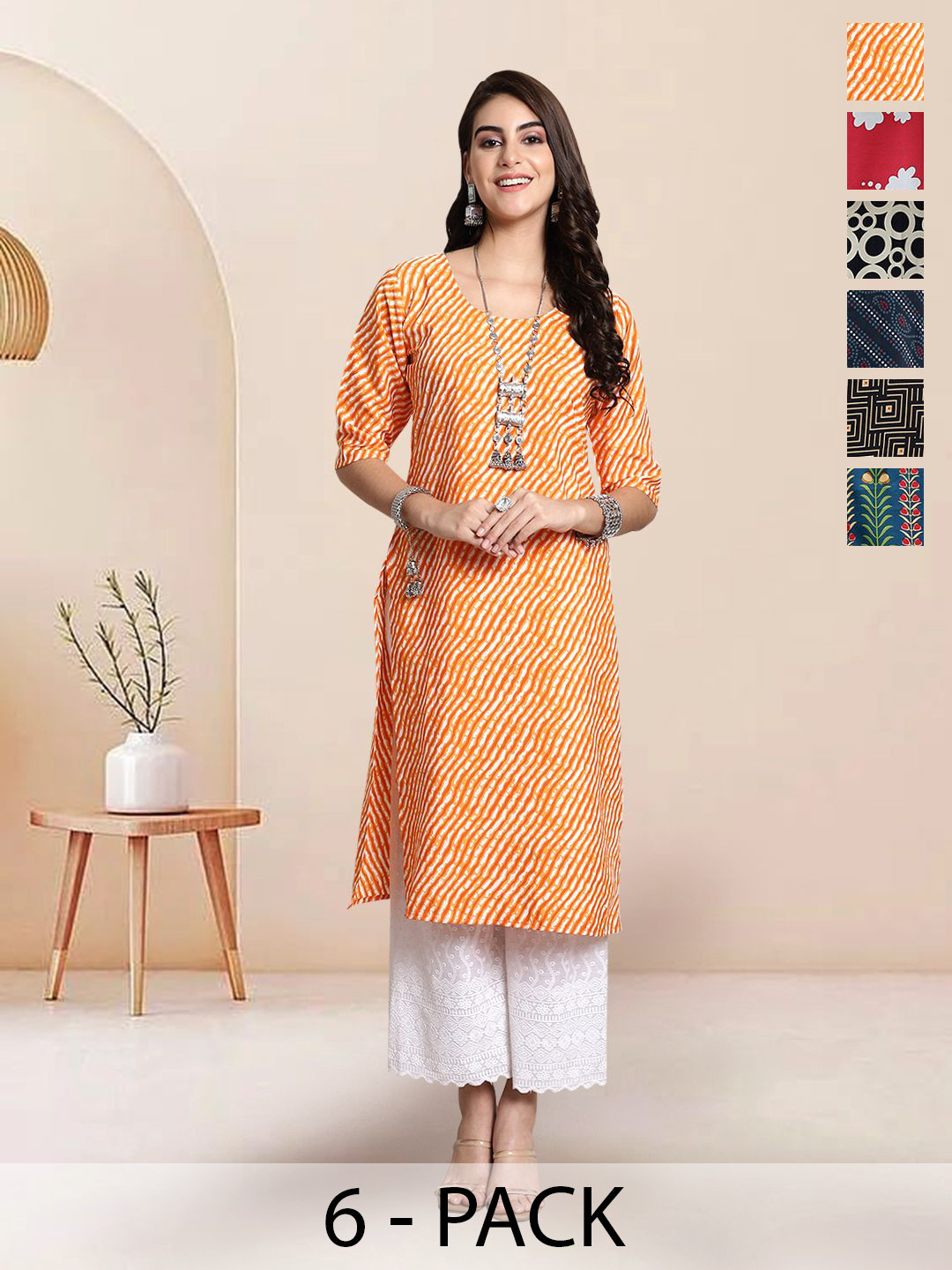 

7Threads Selection Of 6 Floral Printed Round Neck Straight Kurta, Orange
