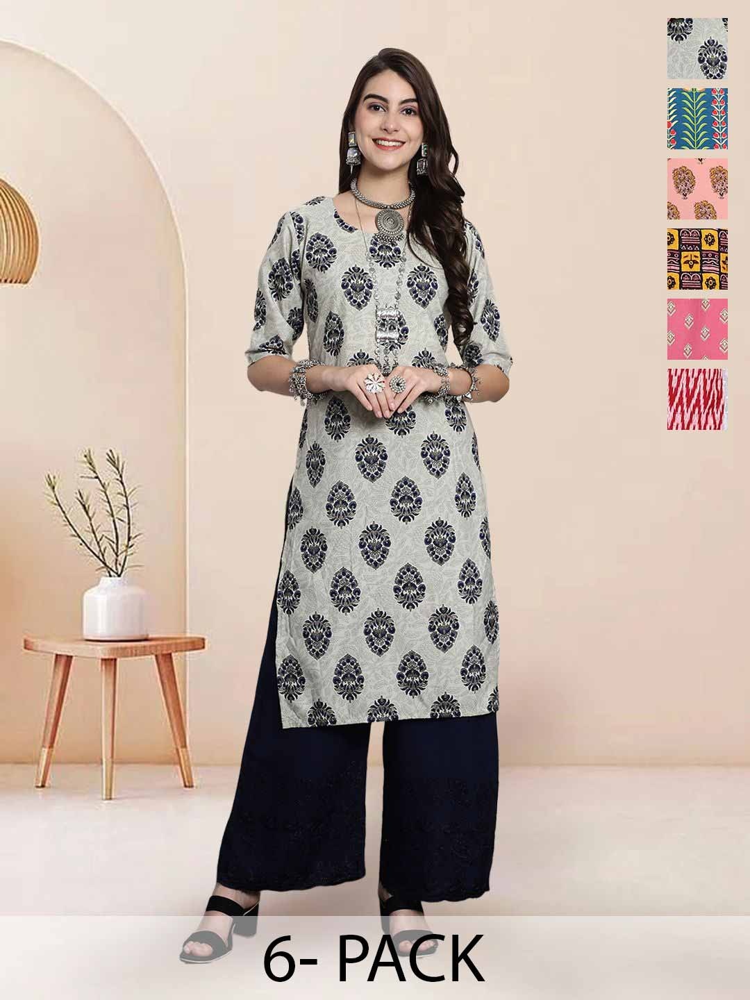 

7Threads Selection Of 6 Ethnic Motifs Printed Round Neck Straight Kurta, Grey