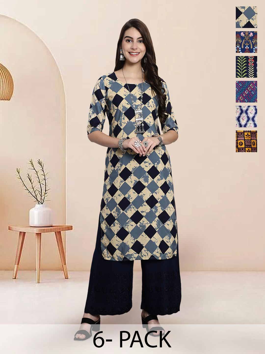 

7Threads Selection Of 6 Geometric Printed Round Neck Straight Kurta, Beige