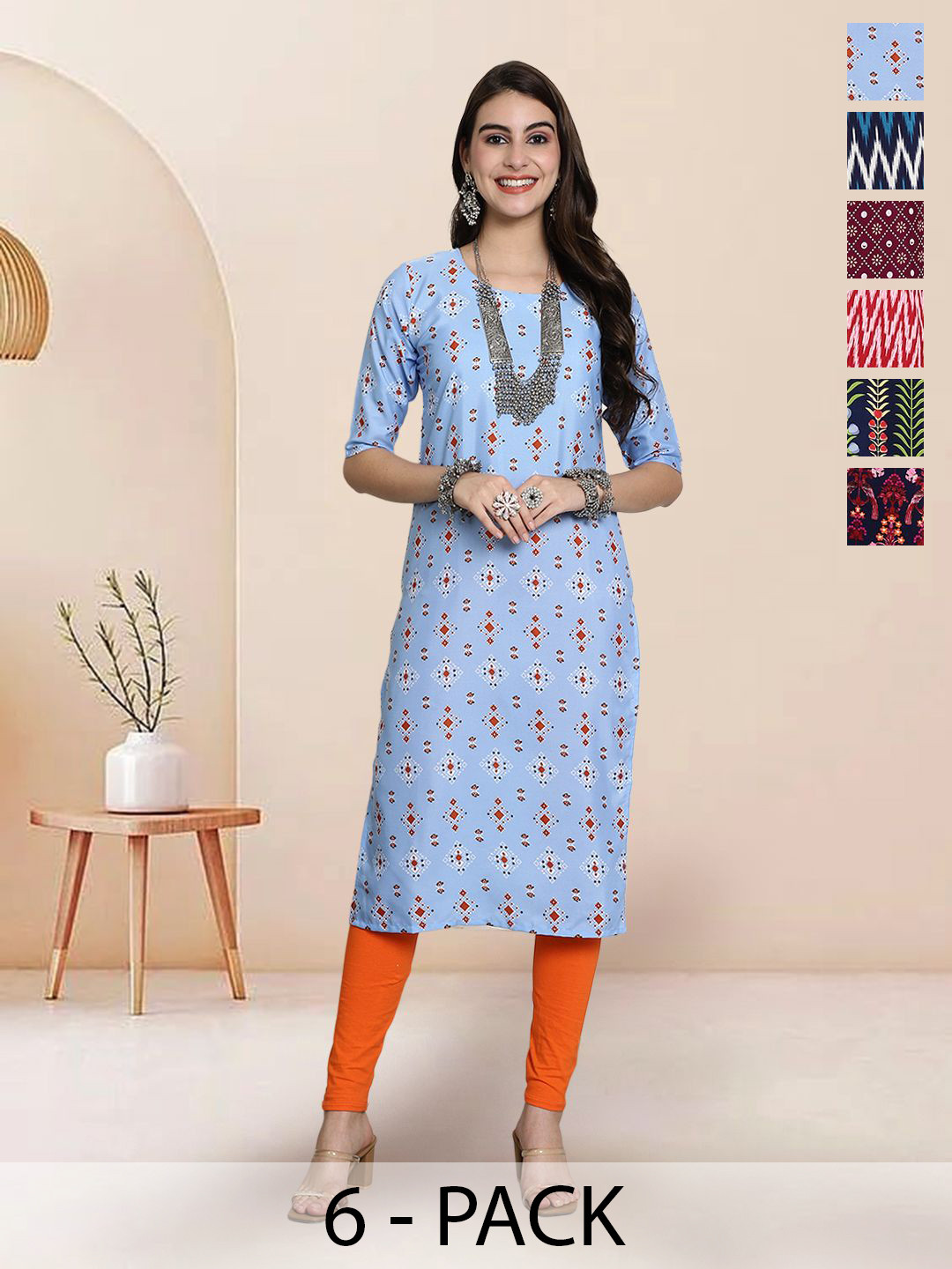 

7Threads Selection Of 6 Geometric Printed Round Neck Straight Kurtas, Blue