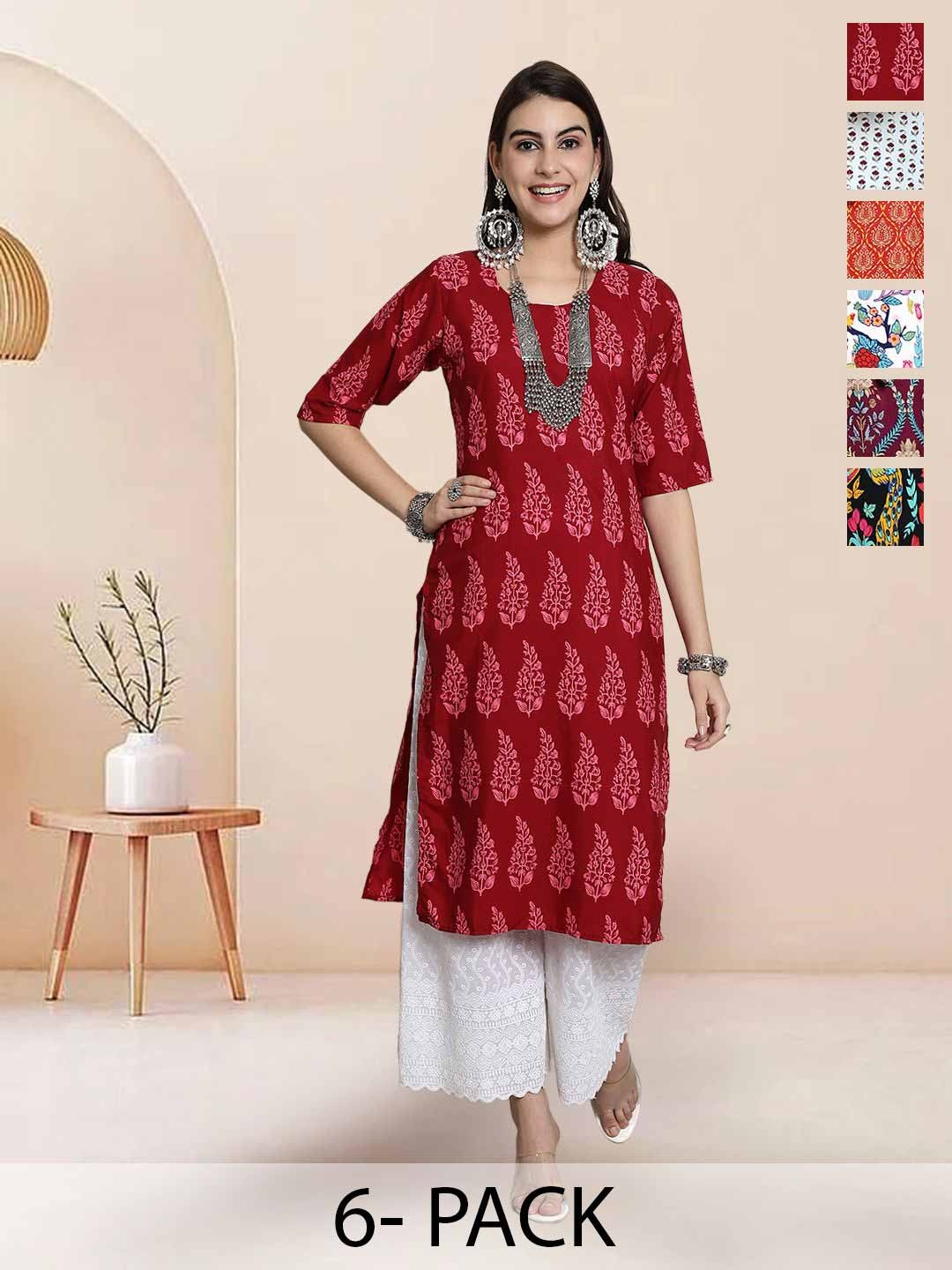 

7Threads Selection Of 6 Floral Printed Round Neck Straight Kurta, Red