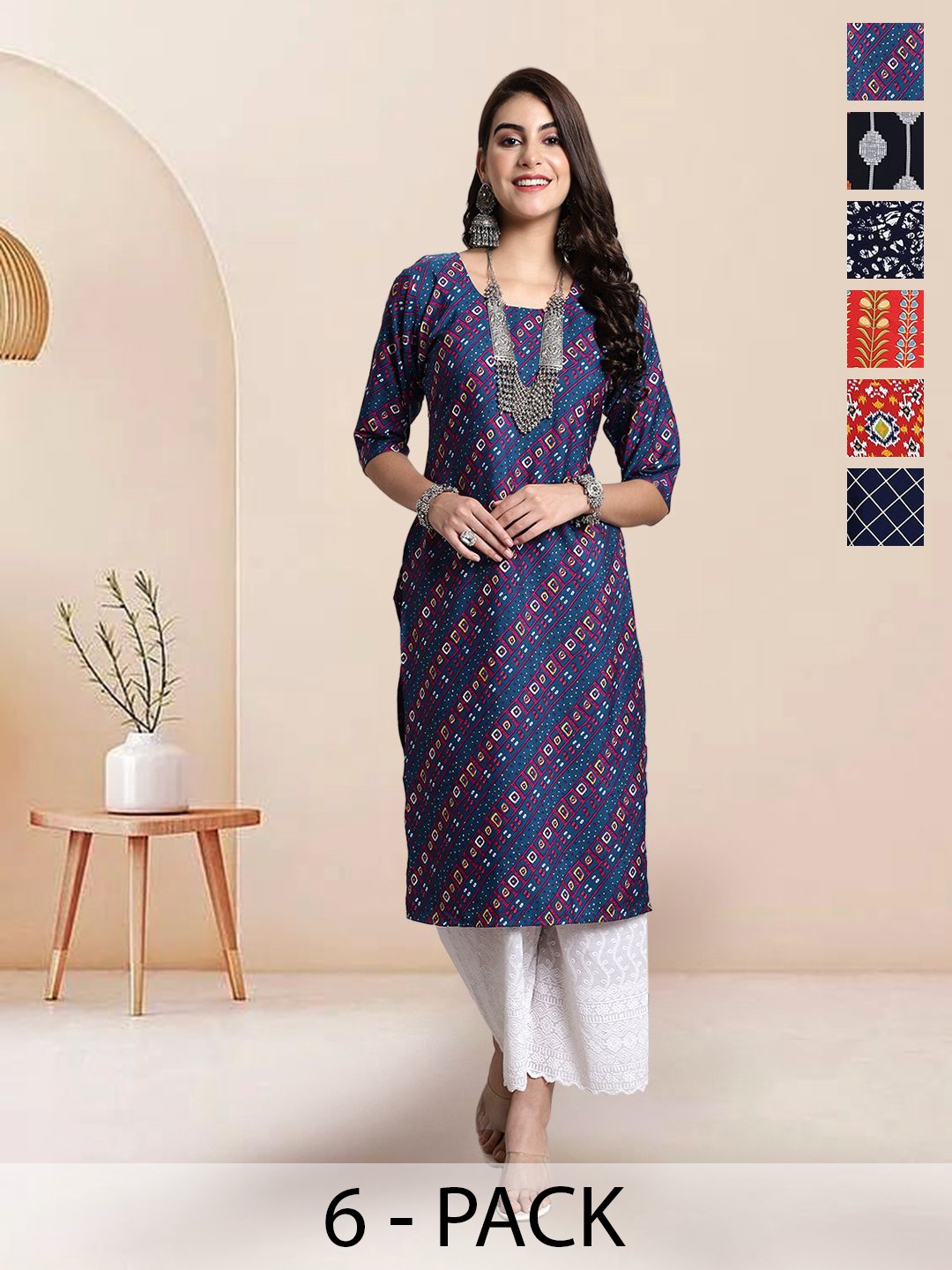 

7Threads Selection Of 6 Bandhani Printed Round Neck Straight Kurtas, Navy blue