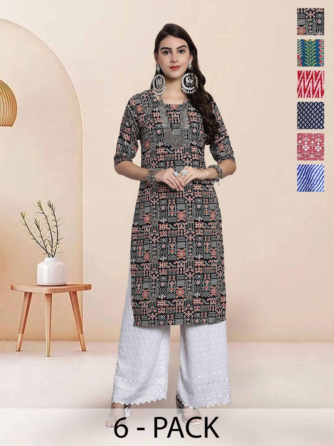 

7Threads Selection Of 6 Geometric Printed Round Neck Straight Kurta, Black
