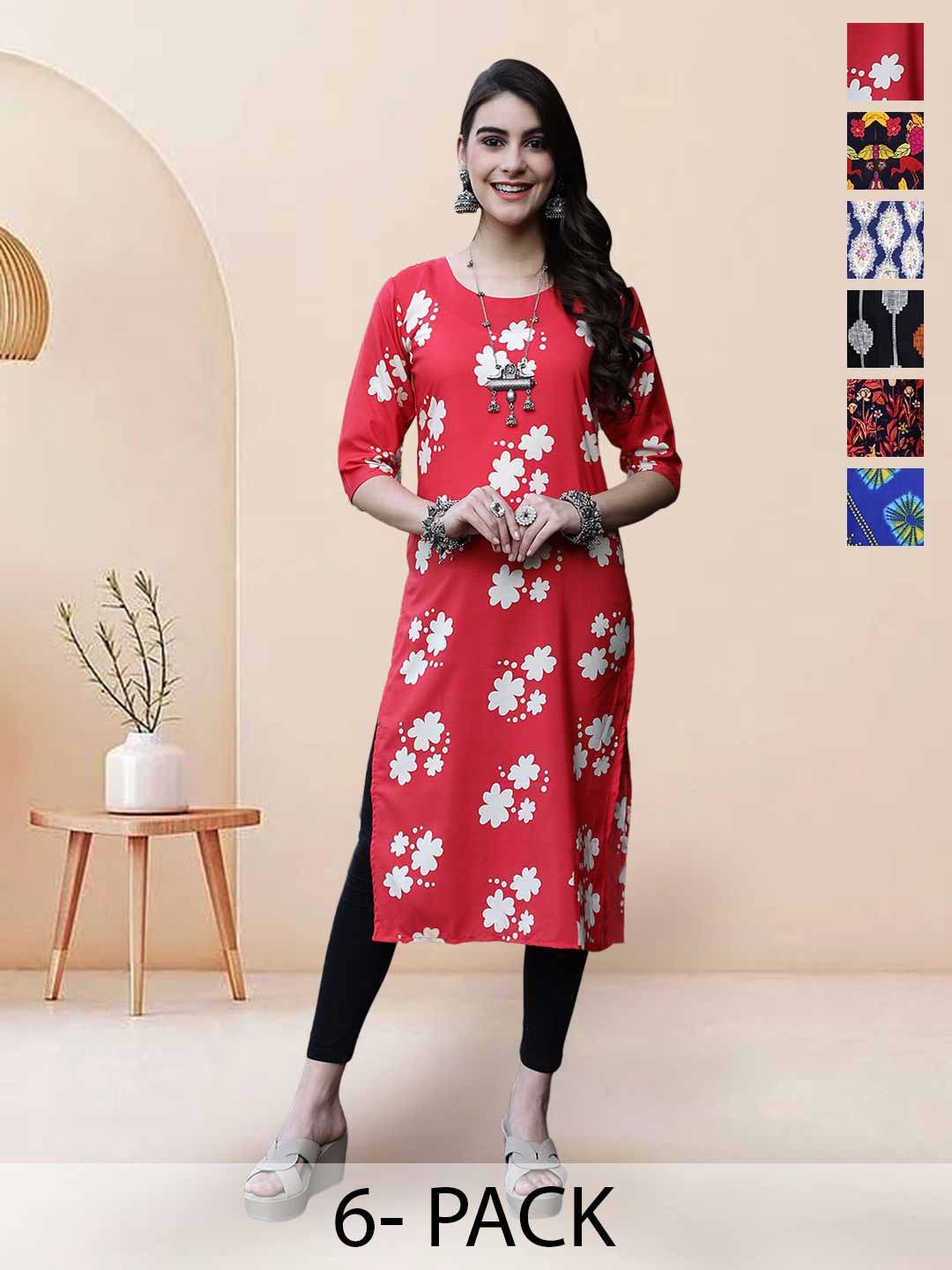 

7Threads Selection Of 6 Floral Printed Round Neck Straight Kurta, Red