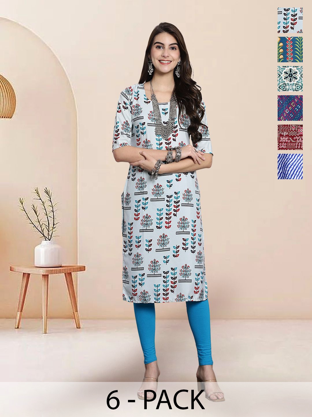 

7Threads Selection Of 6 Floral Printed Round Neck Straight Kurtas, Blue