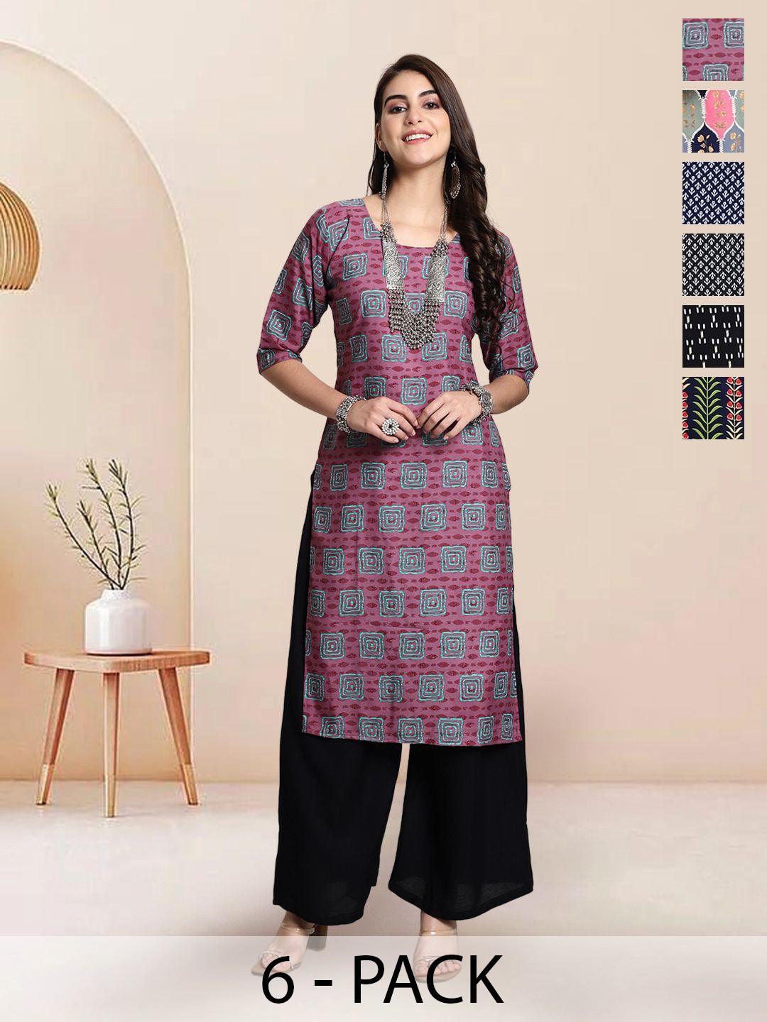 

7Threads Selection Of 6 Geometric Printed Round Neck Straight Kurta, Pink