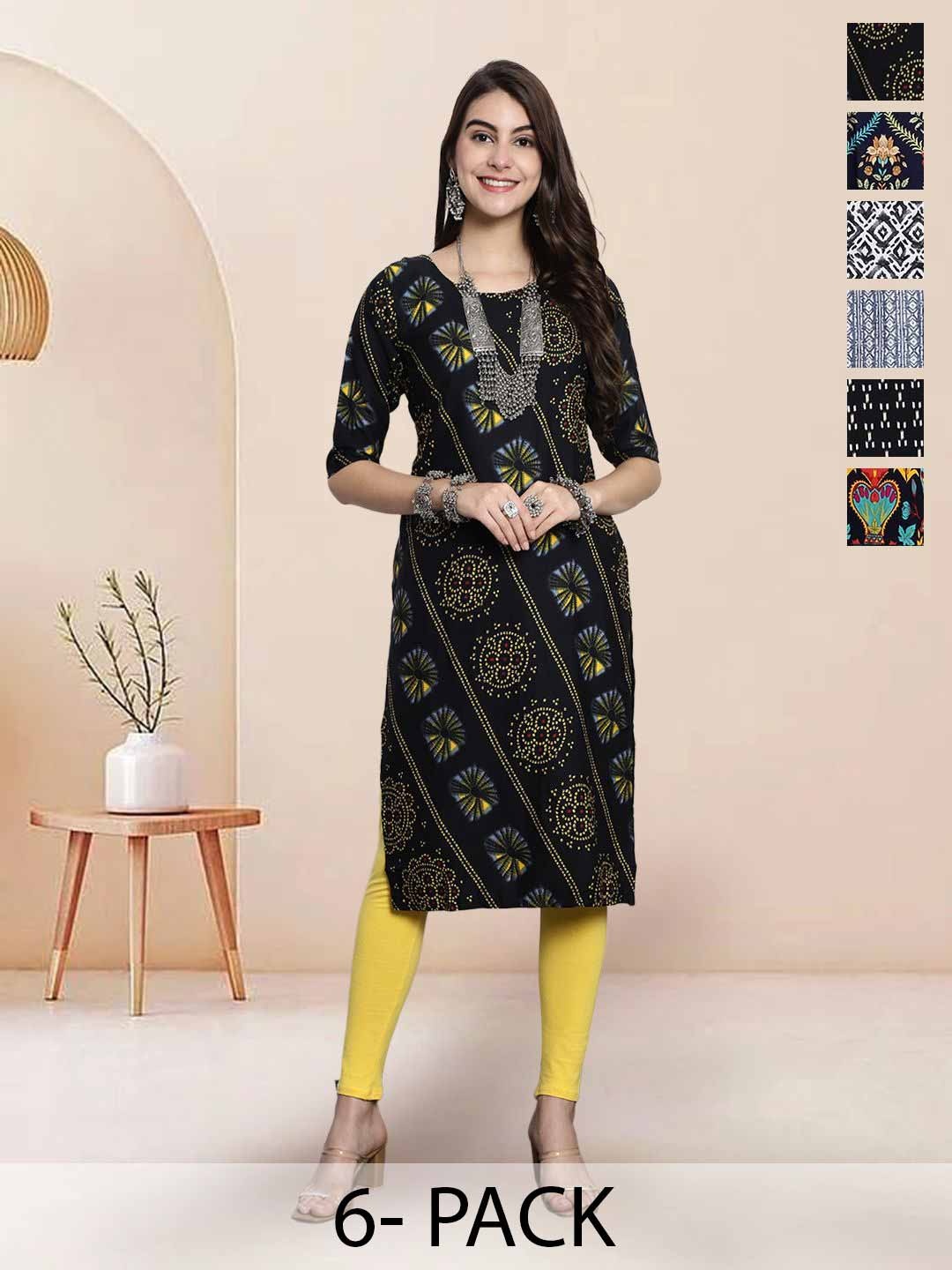 

7Threads Selection Of 6 Ethnic Motifs Printed Round Neck Straight Kurta, Black