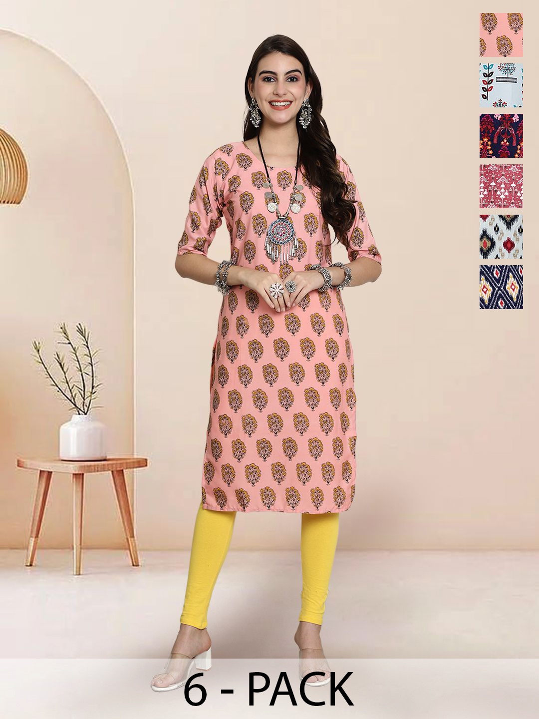 

7Threads Selection Of 6 Floral Printed Round Neck Straight Kurta, Peach