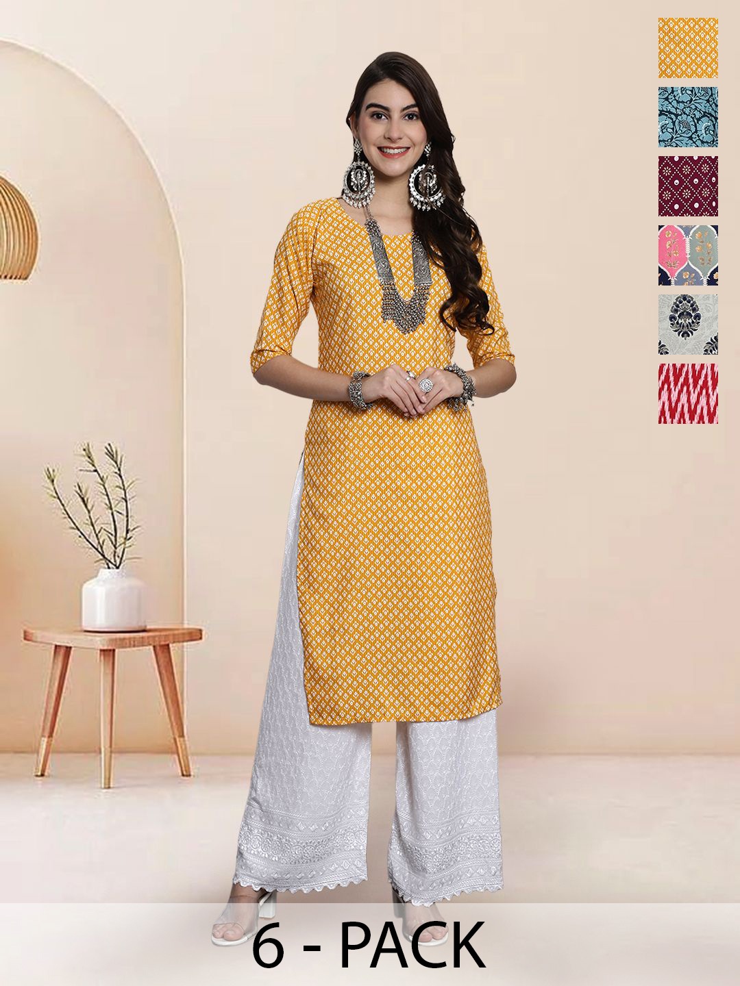 

7Threads Selection Of 6 Floral Printed Round Neck Straight Kurtas, Mustard