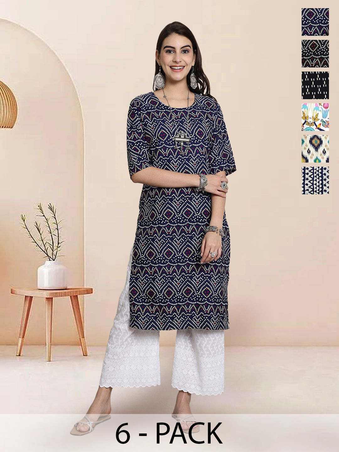 

7Threads Selection Of 6 Bandhani Printed Round Neck Straight Kurta, Navy blue