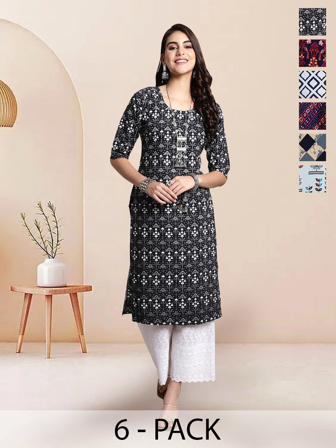 

7Threads Selection Of 6 Ethnic Motifs Printed Round Neck Straight Kurta, Black