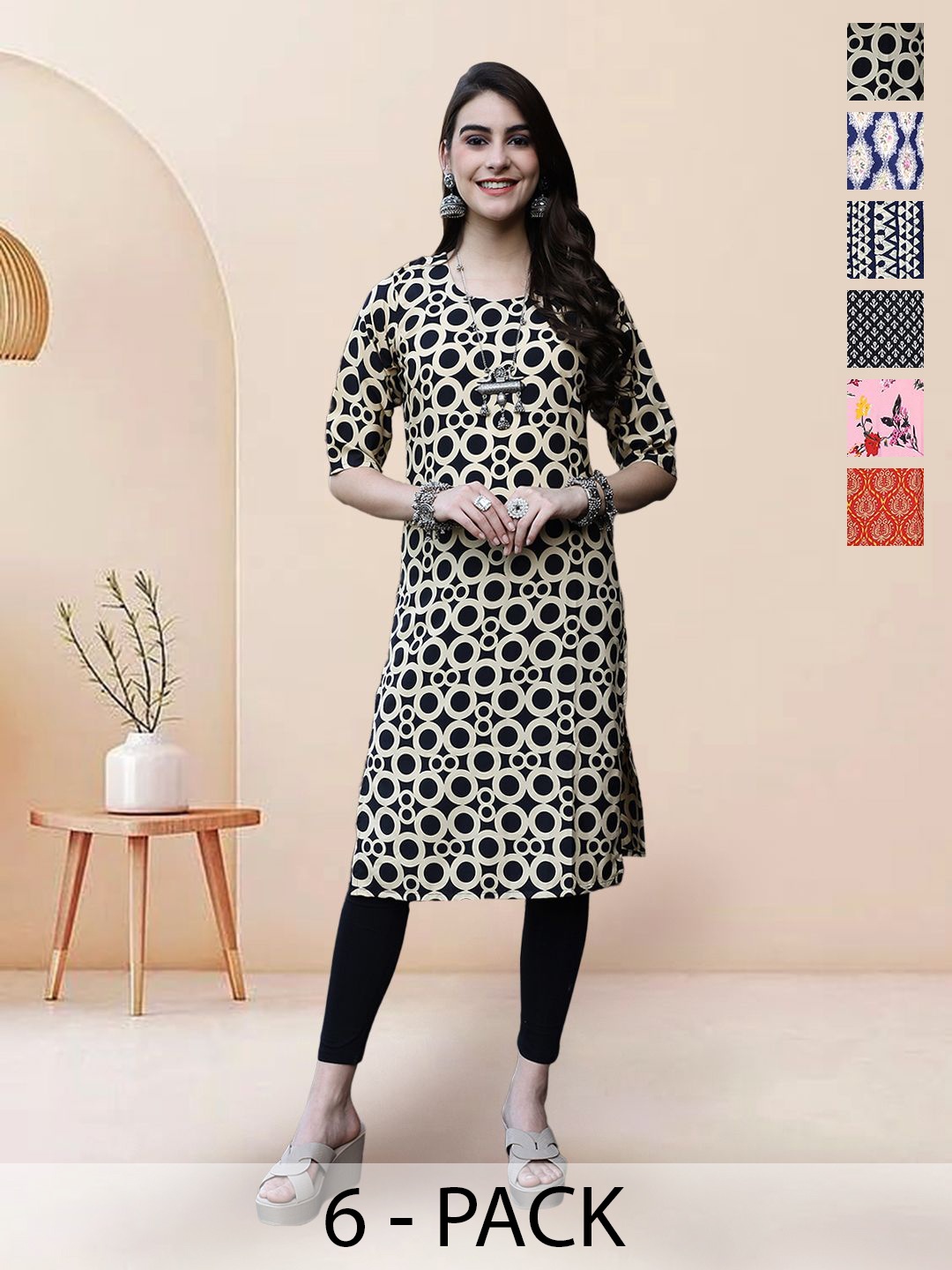 

7Threads Selection Of 6 Ethnic Motifs Printed Round Neck Straight Kurtas, Black