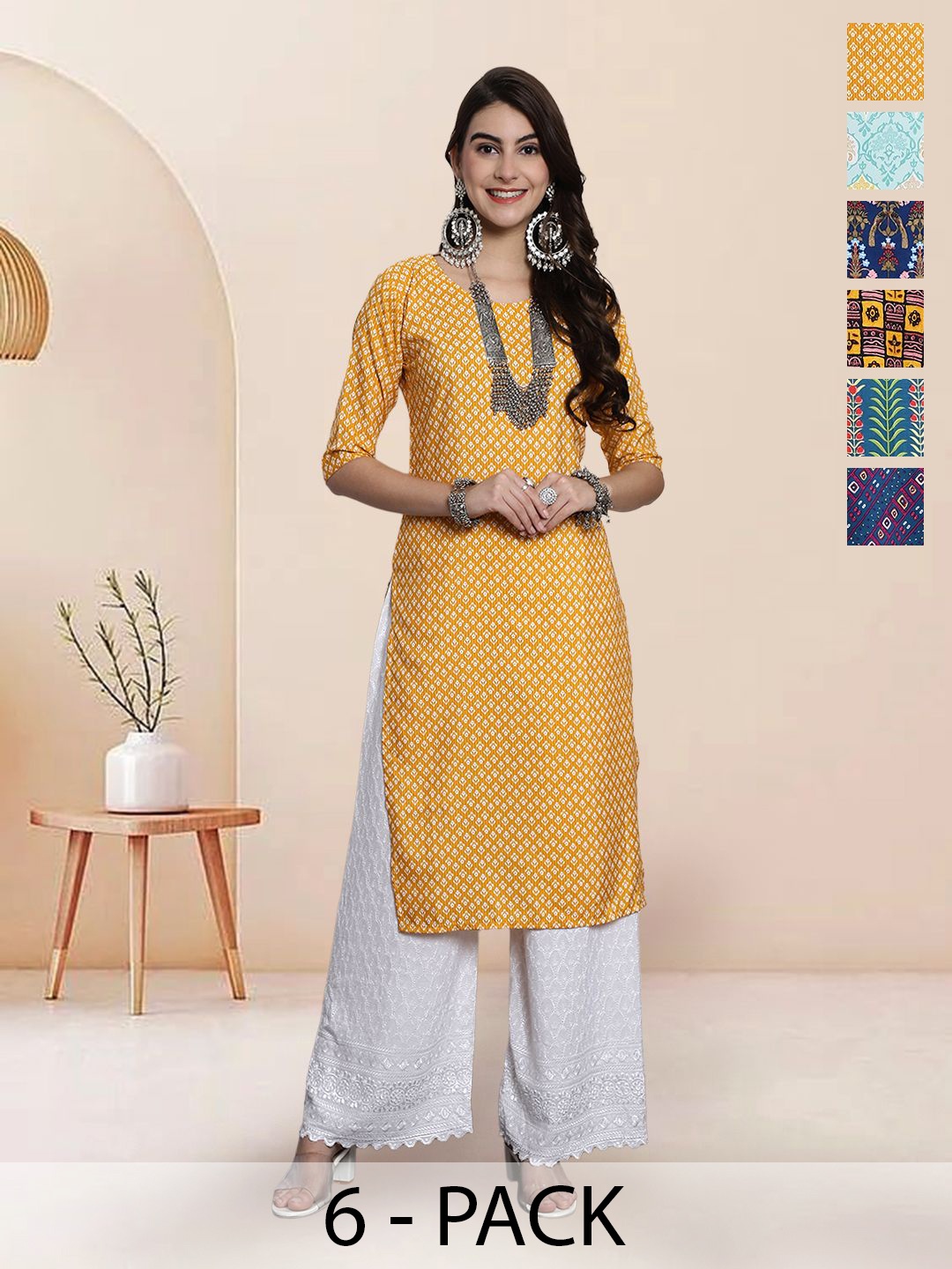 

7Threads Selection Of 6 Ethnic Motifs Printed Round Neck Straight Kurtas, Mustard