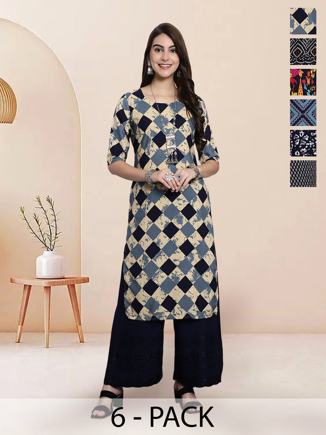 

7Threads Selection Of 6 Geometric Printed Round Neck Straight Kurta, Beige