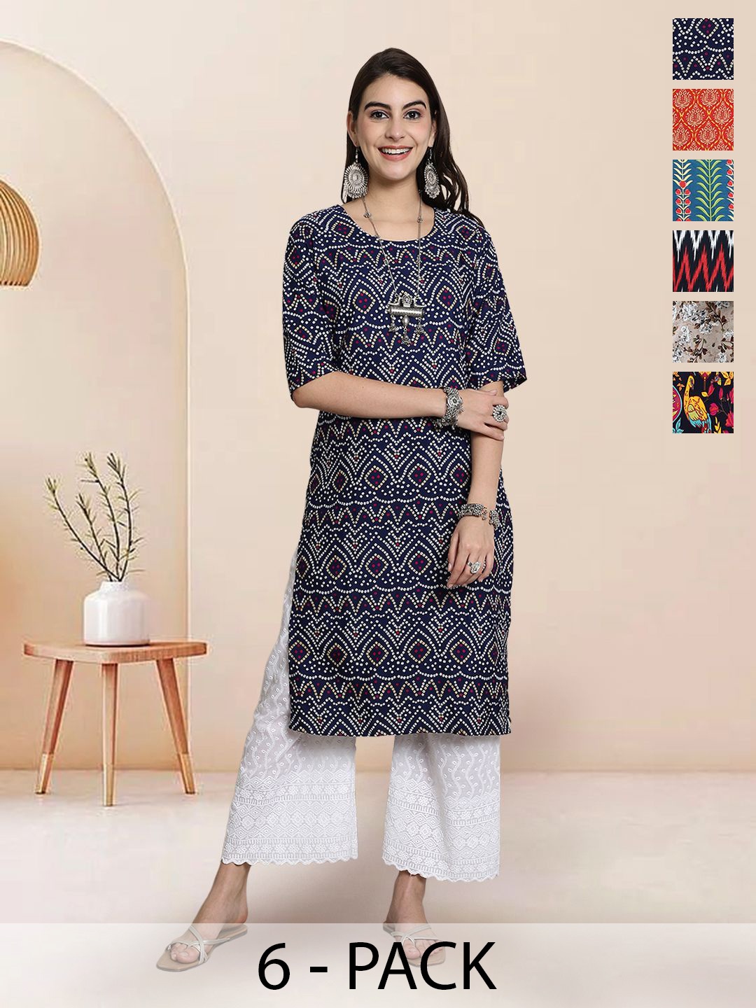 

7Threads Selection Of 6 Ethnic Motifs Printed Round Neck Straight Kurtas, Navy blue