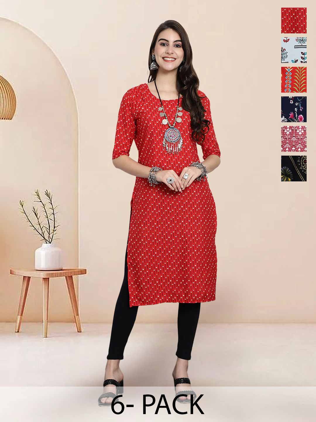 

7Threads Selection Of 6 Floral Printed Round Neck Straight Kurta, Red