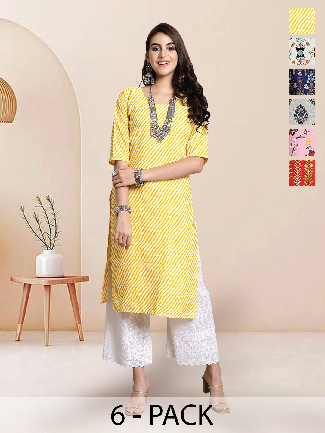 

7Threads Selection Of 6 Leheriya Printed Round Neck Straight Kurta, Yellow