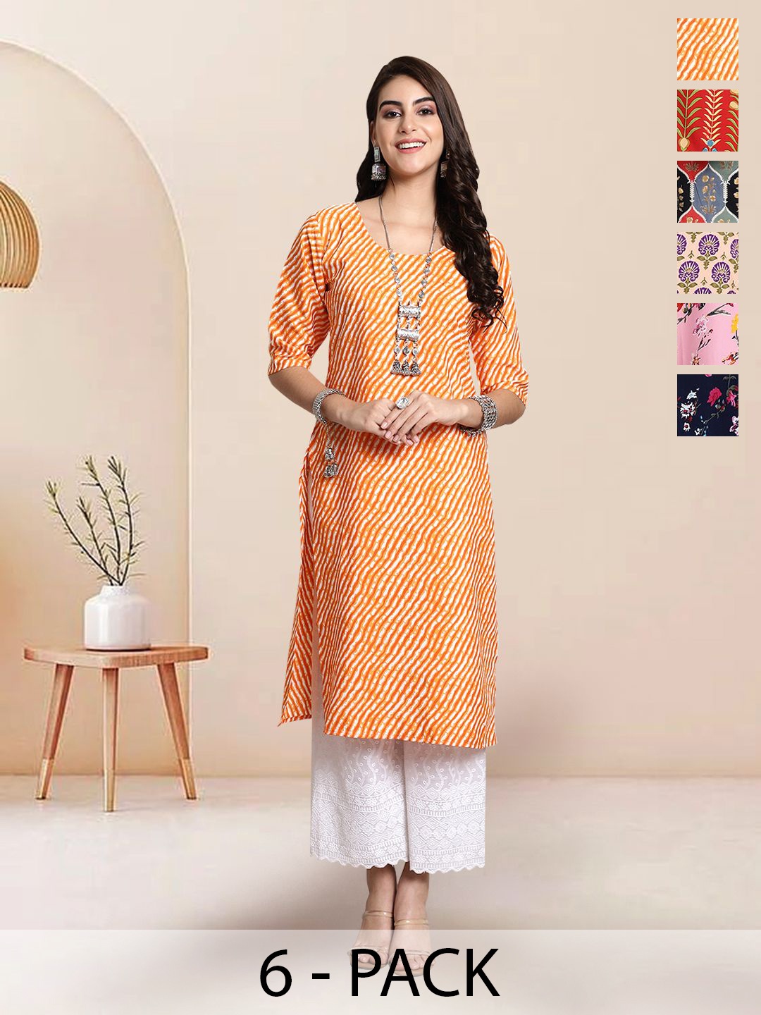 

7Threads Selection Of 6 Ethnic Motifs Printed Round Neck Straight Kurta, Orange