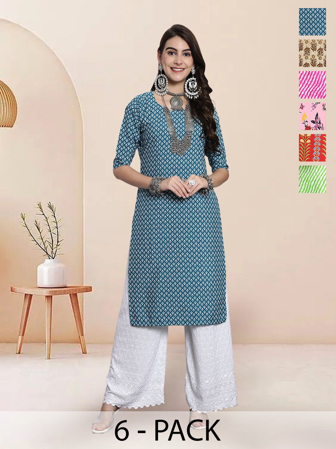 

7Threads Selection Of 6 Floral Printed Round Neck Straight Kurtas, Blue