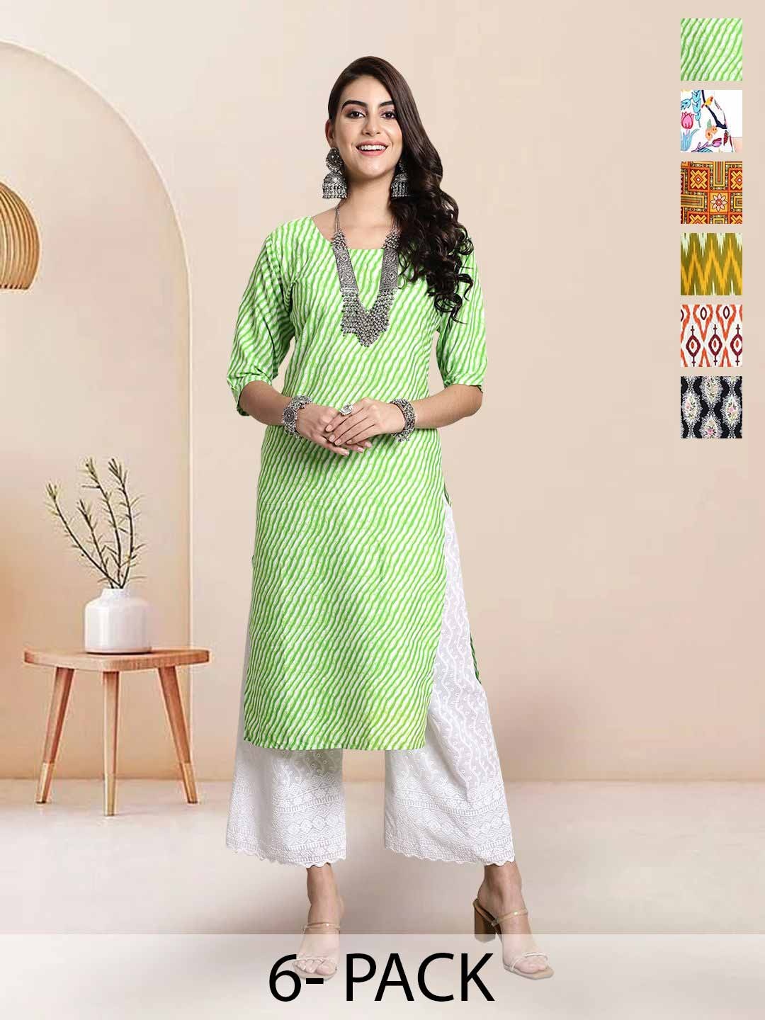 

7Threads Selection Of 6 Ethnic Motifs Printed Round Neck Straight Kurtas, Green