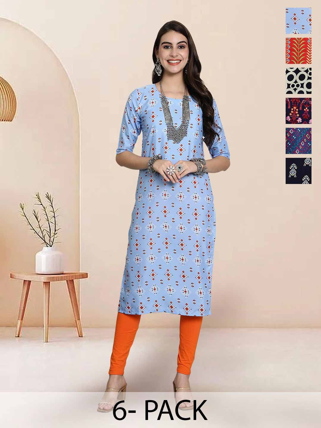 

7Threads Selection Of 6 Geometric Printed Round Neck Straight Kurta, Blue