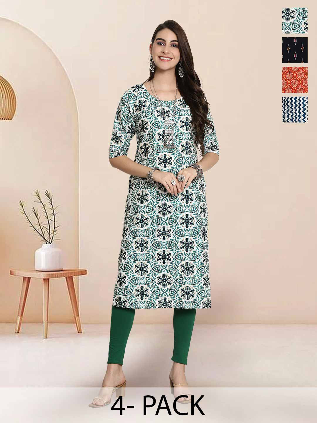

7Threads Selection Of 4 Floral Printed Round Neck Straight Kurta, Green