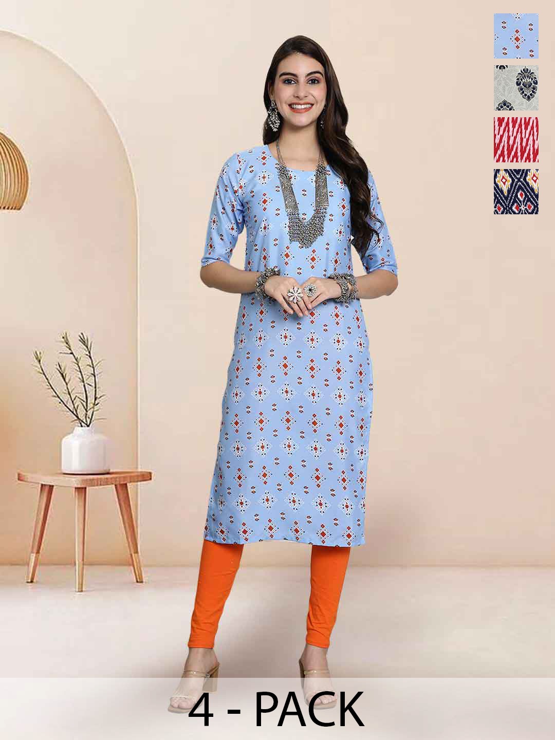 

7Threads Selection Of 4 Geometric Printed Round Neck Straight Kurtas, Blue