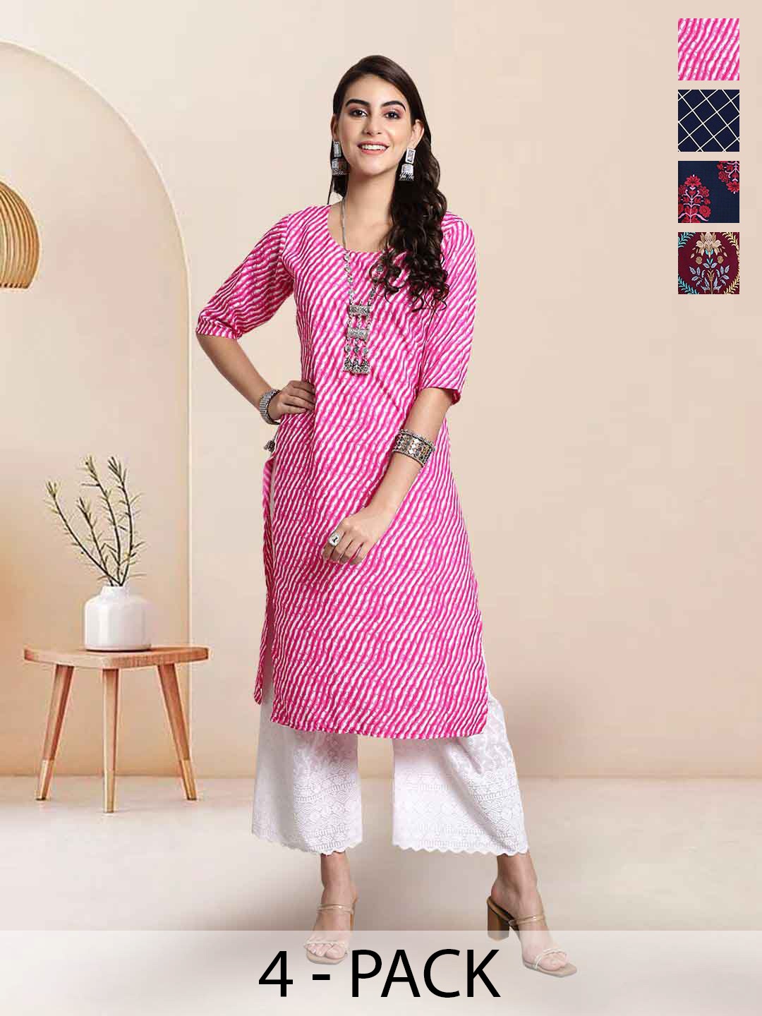 

7Threads Selection Of 4 Leheriya Printed Round Neck Straight Kurta, Pink