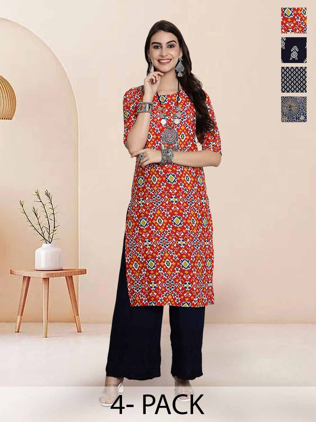 

7Threads Selection Of 4 Ethnic Motifs Printed Round Neck Straight Kurta, Red