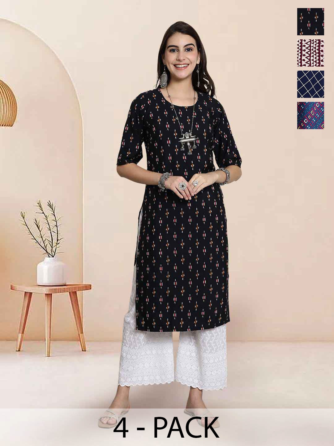 

7Threads Selection Of 4 Ethnic Motifs Printed Round Neck Straight Kurtas, Black