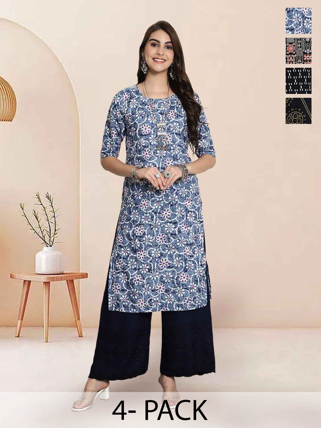 

7Threads Selection Of 4 Floral Printed Round Neck Straight Kurtas, Blue