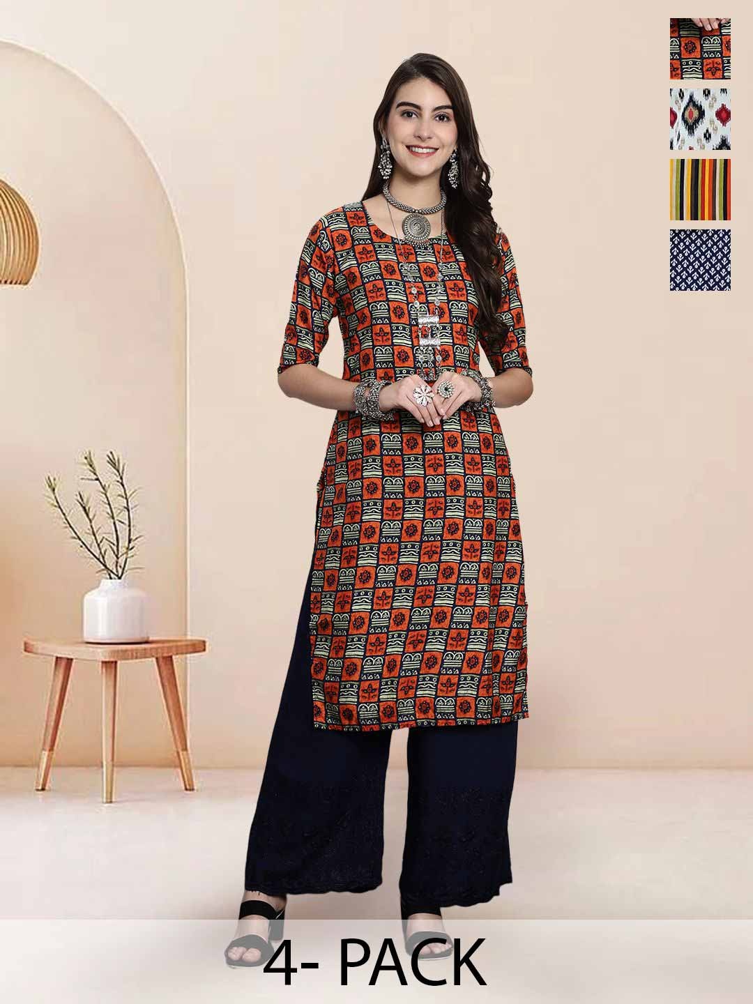 

7Threads Selection Of 4 Geometric Printed Round Neck Straight Kurta, Orange