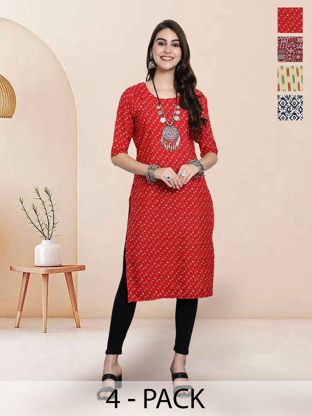 

7Threads Selection Of 4 Floral Printed Round Neck Straight Kurta, Red