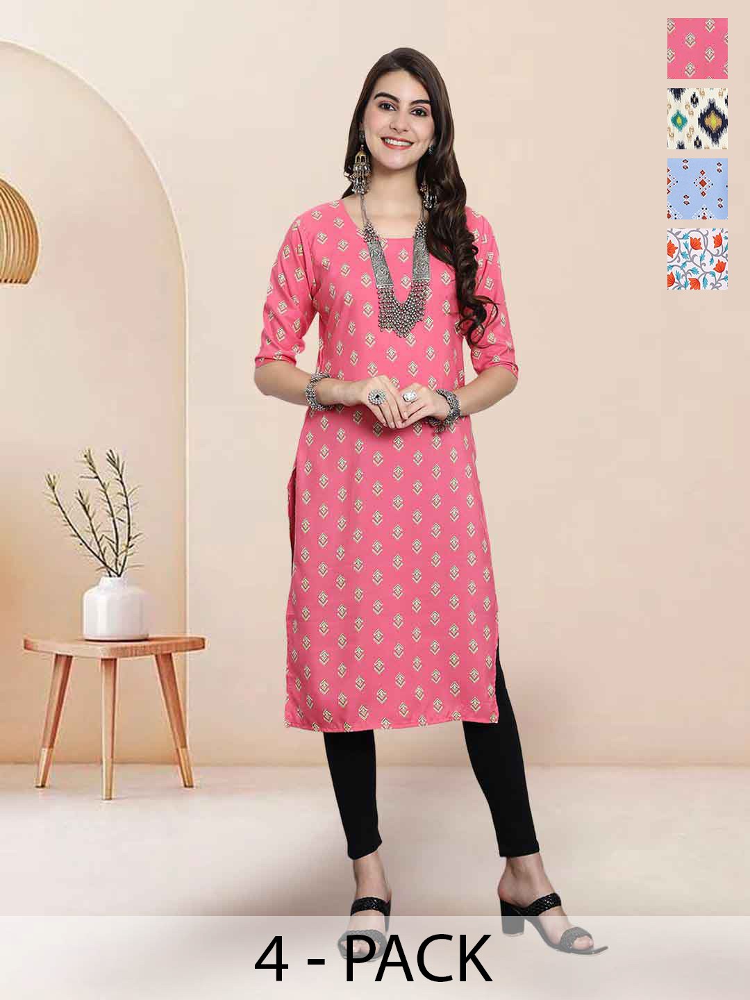 

7Threads Selection Of 4 Geometric Printed Round Neck Straight Kurta, Pink