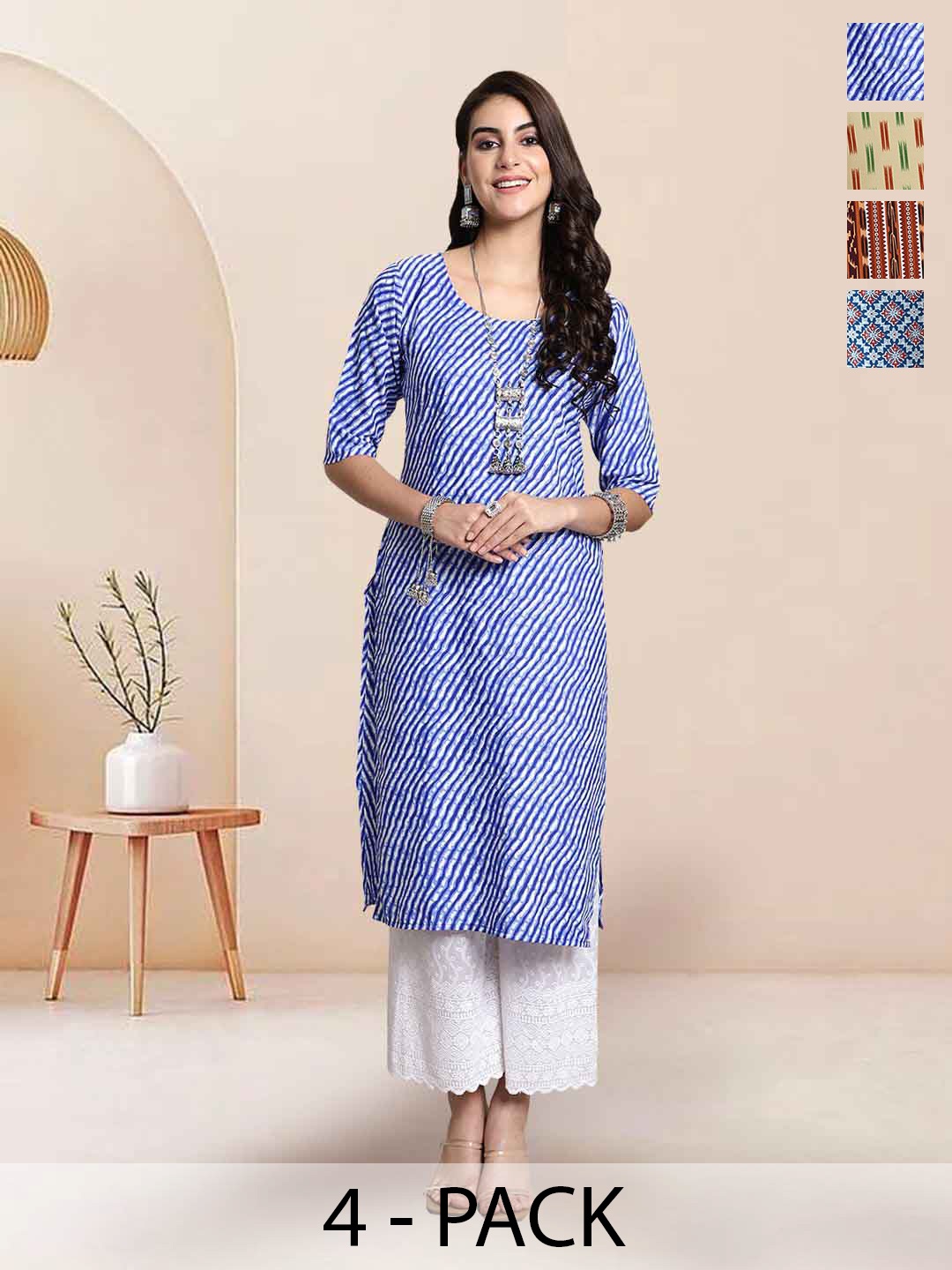 

7Threads Selection Of 4 Leheriya Printed Round Neck Straight Kurta, Blue