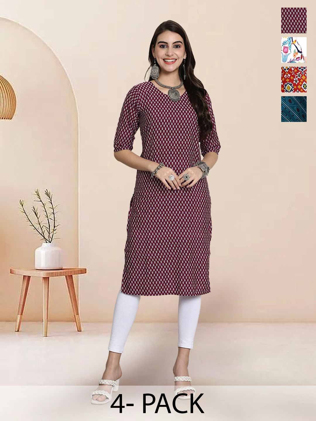 

7Threads Selection Of 4 Ethnic Motifs Printed Round Neck Straight Kurtas, Maroon