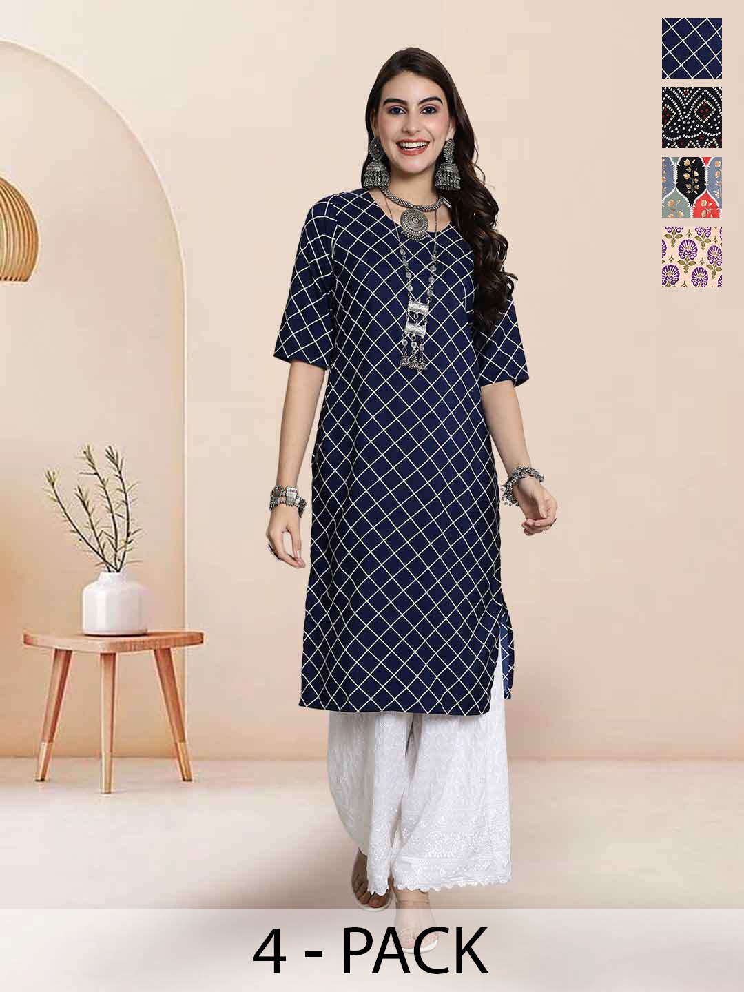 

7Threads Selection Of 4 Ethnic Motifs Printed Round Neck Straight Kurtas, Navy blue