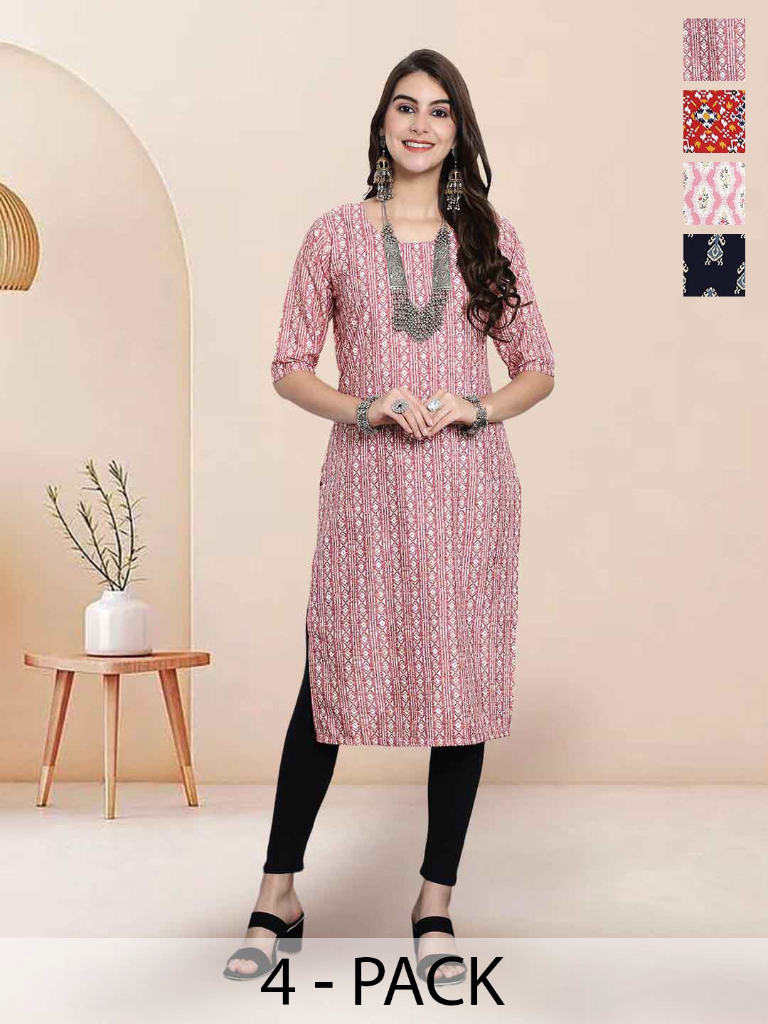 

7Threads Selection Of 4 Ethnic Motifs Printed Round Neck Straight Kurtas, Pink