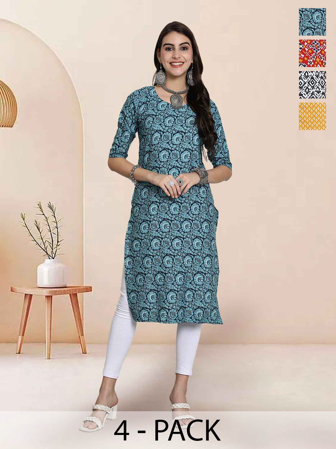 

7Threads Selection Of 4 Floral Printed Round Neck Straight Kurtas, Blue
